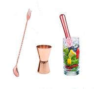 Copper Finish Stainless Steel Cocktail Muddler, Twisted Mixing Spoon with Fork, Double Jigger Set, Bar Tool Essentials Professional Bar Tool Set (Rose Golden)