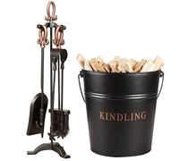 Copper Fireplace Companion Tool Accessories Set & Black Kindling Firewood Log Bucket