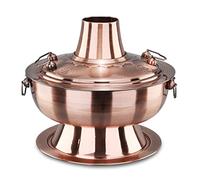 Copper Fondue Pot, Chinese Tranditional Hotpot,Charcoal Hot Pot Vintage Copper Shabu with Chimney Stainless Steel Cooker(34cm)