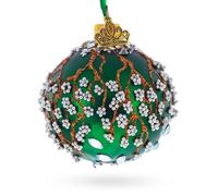 Copper Glitter Branches and Pearl Berry Accents on Green Glass Ball Christmas Ornament
