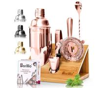 Copper Mixology Bartender Kit Cocktail Shaker Set by Barillio: Rose Gold Drink Mixer Set with Bar Tools, Bamboo Stand Cocktail Mixer Liquor Pourers Mojito Muddler Mixing Spoon Jigger Recipes Booklet