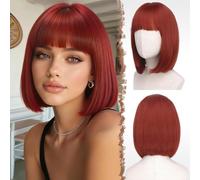 Copper Red Short Bob Wigs with Flat Bangs, Straight Hair Synthetic Colorful Cosplay Daily Costume Party Fashion Modern Neon Wig for Women 11 inch