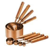 Copper Stainless Steel Measuring Cups and Spoons Set,8 Piece Measuring Cup Set with Wooden Handle and Metric and US Measurements，Copper Polished Finish，for Cooking and Baking in The Kitchen
