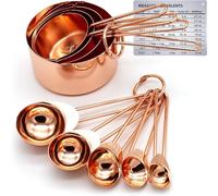 Copper Stainless Steel Measuring Cups and Spoons Set 9-Piece with Engraved Measurements, Pouring Spouts, and Mirror Polished Finish Ideal for Baking
