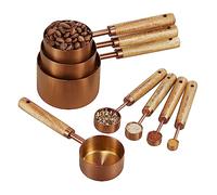 Copper Stainless Steel Measuring Cups and Spoons Set of 8, Wooden Handle with US Measurements, Metric Cups and Spoons for cooking and baking