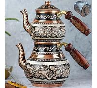 Copper Turkish TeaPot Tea Kettle Pots Set for Stove Top Stovetop Decorative Infuser Vintage Antique Arabic Farmhouse Glasses Tray Cups Serving Party Moroccan Decor Style Persian Kitchen Women