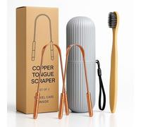 Copperholic 2-Pack Copper Tongue Scraper Set - Pure Copper Tongue Cleaner Kit with Bamboo Toothbrush with Charcoal Bristles & Travel Case - Daily Oral Hygiene Tool for Men & Women