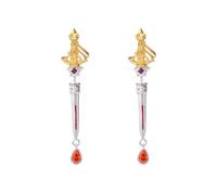 COPPERTIST.WU Basket-Hilt Sword Stud Earrings for Men Women, Brass & 925 Silver Post Miniature Cage Structure with Red Zircon, Gothic Medieval Jewellery, Unique Gift for Blacksmith Soul (2)