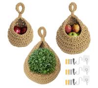 Coptiner 3Pcs Hanging Fruit Baskets for Kitchen, Hanging Basket Cotton Teardrop Hanging Baskets with three kinds of Hooks Fruit Space Saver Storage Organiser for Vegetable Onion Potato Storage (Khaki)