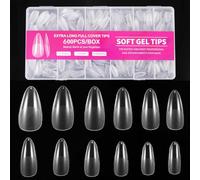 Coptiner 600 Pcs Nail Tips Kit with Storage Box 12 Sizes Half Full Cover False Nails Extensions Soft Gel Clear Almond Shaped Nail Tips for Diy Practice Art Design Salon Gift