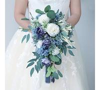COPUT 9 inches Dusty Blue Cascading Artificial Bride Bouquet Waterfall Wedding Flower, Rose Peony Bride Bouquet with Eucalyptus for Centerpiece, Party and Wedding Ceremony Anniversary