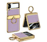 COQUE Galaxy Z Flip 3 Case with Ring,Slim Shell Tempered Film Integrated Shiny Leather Fabric Hinged All-inclusive Phone Shell,Folding Phone Cover for Samsung Galaxy Z Flip 3 5G-Purple