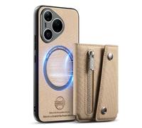 COQUE Magnetic Wallet Case for Huawei Pura 90 Pro, with Zipper Pocket & Anti-Vibration Bumper, Shockproof Twill PU Leather Phone Cover for Huawei Pura 90 Pro-Khaki