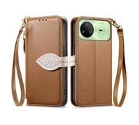 COQUE Wallet Case for Huawei nova 15 Pro with Card Holder Zipper Pocke Leaf Buckle Wrist Strap Holder, PU Leather Flip Cover for Huawei nova 15 Pro-Brown