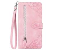 COQUE Zipper Wallet Phone Case for Xiaomi 17 Case with Card Slot Holder Lanyard, PU Leather Floral Pattern Shockprooftective Cover for Xiaomi 17 Shell-Pink