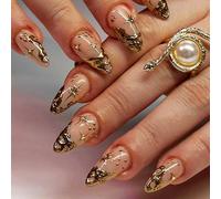 Coquette 3D Gold French Tips Press On Nails - Sun & Stars Acrylic False Nails, Short Almond Glossy Gold Curve Line, Rhinestones, Stick On, Curve Gel Glue, 30 Pcs
