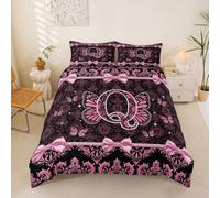 Coquette Aesthetic Butterfly Letter Double Duvet Cover Victorian Damask Pink Bow Bedding Set for Kids Teens Adults Glam Preppy Y2K Initial Monogram Quilt Cover Feminine Princess Floral Bed Sets