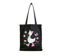 Coquette Black Canvas Tote Bag with Cute Duck Design, Floral Pattern, Pink Bow Accents