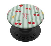 Coquette Bow Cherry Strawberry Pattern Girly Green Stripes PopSockets Adhesive PopGrip