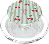 Coquette Bow Cherry Strawberry Pattern Girly Green Stripes PopSockets PopGrip for MagSafe