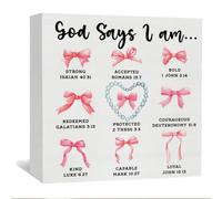 Coquette Bow Christian Decor Wooden Box Sign Preppy Coquette Bow Bible Verse Desk Decoration for Office Bedroom Bathroom Room Home Decor Inspirational Motivational Christian Religious Gifts for Women