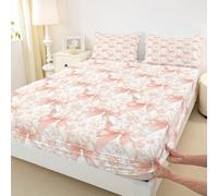 Coquette Bow Tie Bed Sheet Single Size Kawaii Girly Princess Bowknot Bedding Set Dreamy Floral Bow Ribbon Fitted Sheet Girls Teens Room Decor Pink Orange Soft Sheets with 1 Pillowcase,No Top Flat