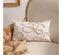 Coquette Bow Tufted Throw Pillow Cover 12x 20, Boho Neutral Linen Pillow Cushion Cases,Farmhouse Modern Decorative Pillows for Bed, Outdoor Couch Bedroom Car Cream