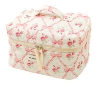 Coquette Makeup Bag Quilted Cosmetic Case, 9.8x5.9x6.3" Bow-Embellished Beauty Pouch, Cotton Floral Coquette Toiletry Bag with Handle/Zipper, Travel Aesthetic