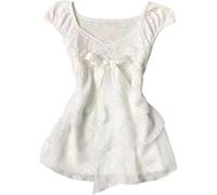 Coquette Ruffle Tops Women Cute Summer Lace Peplum Babydoll Top Teen Girls Y2k Grunge 2000s Cottagecore Clothing (S,White Bow)