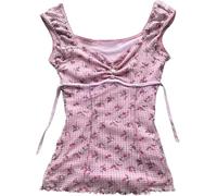 Coquette Ruffle Tops Women Cute Summer Lace Peplum Babydoll Top Teen Girls Y2k Grunge 2000s Cottagecore Clothing (S,Pink Floral)