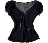 Coquette Ruffle Tops Women Cute Summer Lace Peplum Babydoll Top Teen Girls Y2k Grunge 2000s Cottagecore Clothing (M,Black Bow)