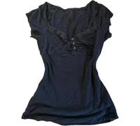 Coquette Ruffle Tops Women Cute Summer Lace Peplum Babydoll Top Teen Girls Y2k Grunge 2000s Cottagecore Clothing (L,Black)