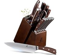 CoquusAid Knife Set, 15 PCS Kitchen Knife Block Sets with Sharpener, 6 Steak Knife Set Serrated with Block, Forged German Stainless Steel Rust Proof Knives, Dishwasher Safe, New Beveled Design, Brown