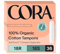 Cora Organic Applicator Tampon Multipack | 18 Regular & 18 Super Absorbency | 100% Organic Cotton, Unscented, BPA-Free Compact Applicator | Leak Protection | Packaging May Vary | 36 Total