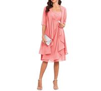 Coral 2 Pieces Mother of The Groom Beach Wedding Dress with Jacket Tea Length Half Sleeve Chiffon Ruffle for Women UK12