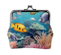 Coral and Sea Fish Prints Coin Purse Kiss Lock Pu Leather Mini Pouch Wallet Change Bag for Women Girls Kids