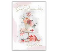 Coral Anniversary Card - 35th - 35 Years - Floral Cake and Champagne Design - Special Finishes and Illustrated Insert Leaf - Made in the UK
