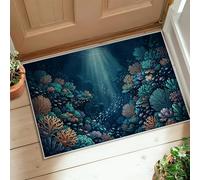 Coral Area Rug, Oceanic Natural Fish Underwater Plants Summer Blue Low Pile Doormat Rectangle Print Accents Rug Entryway Bathroom Kitchen Doorway Decor 2' X 3'