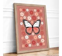 Coral Butterfly Garden Botanical Framed Wall Art Print A3 (42×29.7cm) Oak, Wall Decor for Living Room, Bedroom, Office & Home, Ready to Hang, Art Gift