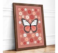 Coral Butterfly Garden Botanical Framed Wall Art Print A4 (29.7×21cm) Walnut, Wall Decor for Living Room, Bedroom, Office & Home, Ready to Hang, Art Gift
