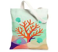 Coral Canvas Tote Bag for Women, Summer Tropical Shell Waves Summer Orange Washable Reusable Small Tote Bags Ideas for Shopping Trips Office Library Casual 13x15 Inch
