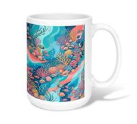 Coral Ceramic Coffee Mug, Summer Ocean Fish Seaweed Summer Turquoise Novelty Office Drinking Cup with Handle Ideal for Friends Family Coworkers Teachers Couples Employees 15 Oz