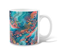 Coral Ceramic Coffee Mug, Summer Ocean Fish Seaweed Summer Turquoise Novelty Tea Cup with Handle Ideal for Friendship Family Colleague Staff Sweetheart Teachers 11 Oz