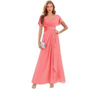 Coral Chiffon Mother of The Bride Dresses Long V Neck Pleated Formal Evening Gown Ruffle Mother of The Groom Dress with Sleeves 12