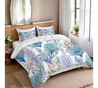 Coral Duvet Cover Set Single, 2 Pcs Watercolor Botanical Bedding Set Soft Microfiber Easy Care Quilt Cover with 1 Pillowcase for Teens Kids Reversible Duvet Sets - 135x200cm Blue Purple