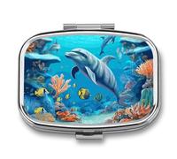 Coral Fish Dolphins Pill Box 2 Compartments Portable Travel Pill Case Mini Medicine Organizer for Pocket Purse Metal Waterproof Medicine Container Holder Vitamin Fish Oil