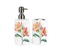 Coral Flowers Bathroom Accessories Set - Pretty Pink Floral Garden Gifts Refillable Ceramic Soap Pump Bottle Dispenser & Toothbrush Holder - Washrooom Home Gift Set of 2