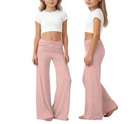 Coral Fold Over Pants Kids Girls Wide Leg Flared Leggings Plus Size Low Rise Lounge Pants Stretchy Bootcut Y2K Trousers Children Solid Color Ruched Waist Palazzo Bottoms for Yoga Dance Loungewear XXS