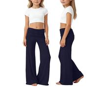 Coral Fold Over Pants Kids Girls Wide Leg Flared Leggings Plus Size Low Rise Lounge Pants Stretchy Bootcut Y2K Trousers Children Solid Color Ruched Waist Palazzo Bottoms for Yoga Dance Loungewear XXS