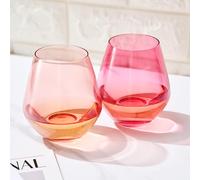 Coral & Fuchsia Colored Wine Glassware | Set of 2 | Large 16oz Stemless Glasses - Coral Peach Pink Italian Style Wine, Margarita, Tumbler, Water, Hand-Blown Glass